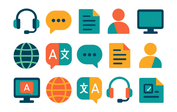 Colorful communication icons for global online language support and customer service