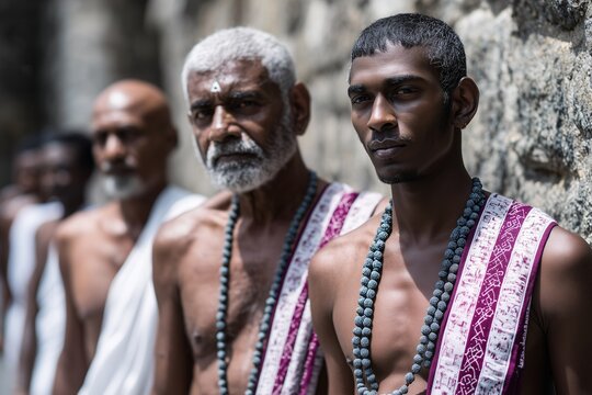 South Indian men in traditional attire, spiritual gathering against stone wall