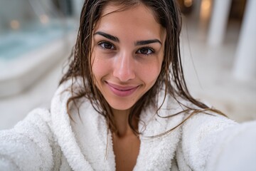 Beautiful latina woman in robe smiling, spa selfie after bath