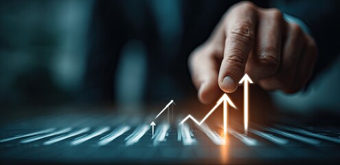 Business hand pushing upward trending graphs