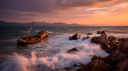 Abandoned Shipwreck at Sunset Along Rocky Coastline with Dramatic Waves