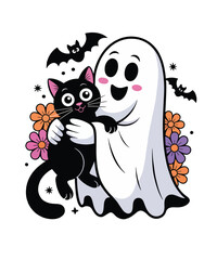 Boo with Cat  Adorable Ghost Hugging Black Cat Halloween Design