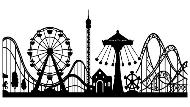 Silhouette theme park skyline with rides and attractions