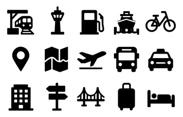 Transport and travel icons set featuring air, land and sea elements