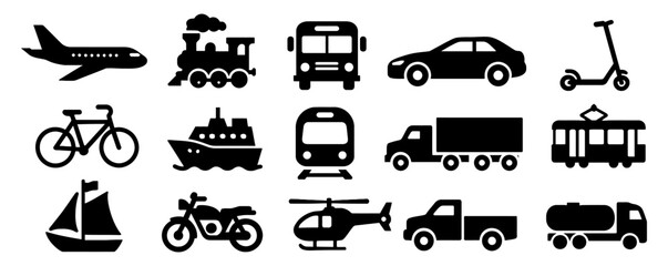 Silhouette icons of diverse transportation methods for modern design projects