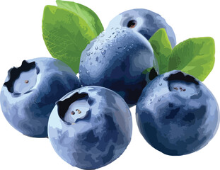 Fresh and juicy blueberries with leaves illustrated in a realistic digital art style