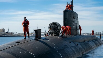 Members in wetsuits conduct essential submarine hull inspections and repairs at naval base facility