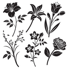Collection of elegant black silhouette floral illustrations featuring lilies roses and delicate branches on a white background