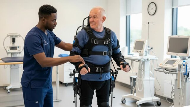 Rehabilitation specialist assists patient with advanced exoskeleton suit for enhanced mobility in clinical setting
