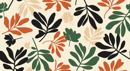 Retro botanical pattern with black, green, orange and beige leaves