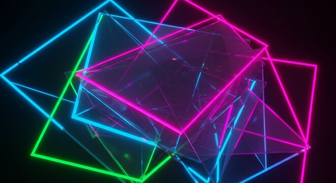 Abstract Neon Glass Shapes: Vibrant Pink, Cyan, and Green Glowing Lines Intersect in a Dynamic Composition - Powered by Adobe