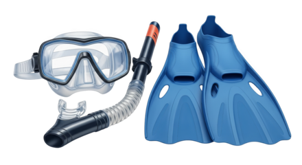 Isolated snorkeling gear featuring a mask, snorkel, and fins is neatly arranged.