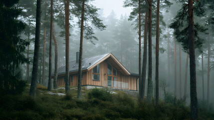 A Cozy Wooden Cottage Nestled in a Forest Misty Landscape Surrounded by Pines