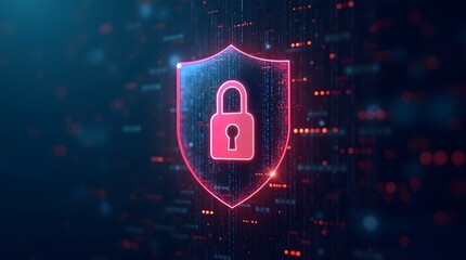 Cybersecurity shield with padlock over binary code background
