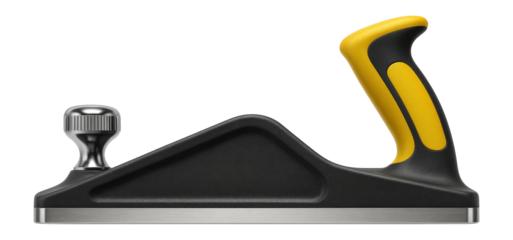 Modern composite jointer plane with a non-slip grip for use in a professional woodworking studio.