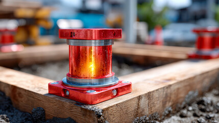 Red hydraulic jack glowing at construction site