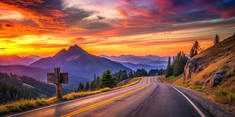 Serene Sunset Vista A Winding Road Through Majestic Mountains and Verdant Slopes at Golden Hour