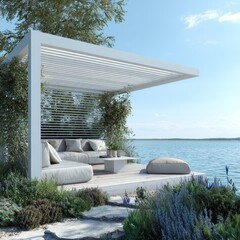 Fototapeta premium White pergola by water, cushioned seating