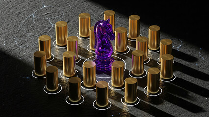 Abstract arrangement of golden and purple objects