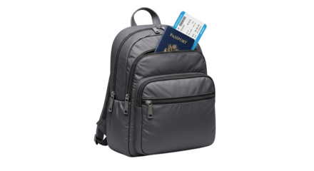 A gray backpack with passport and boarding pass suggests readiness to travel