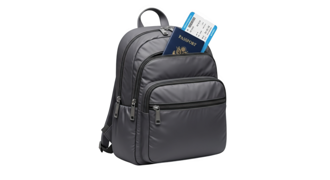 A gray backpack with passport and boarding pass suggests readiness to travel