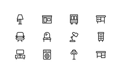 Flat Outline Furniture Icons – Minimal Linear Vector Pack of Sofa, Chair, Bed, Table, Wardrobe, Lamp, Clean Modern Collection for Web, Apps, and Graphic Projects