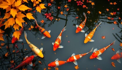 Vibrant koi swim in a serene autumn pond, leaves falling, golden, stock