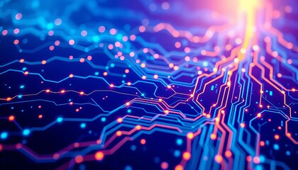 Abstract blue technology background with glowing circuit lines and nodes, backdrop, abstract