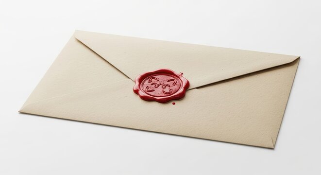 A traditional beige kraft paper envelope with the flap securely fastened by a vibrant red wax seal, isolated on a clean white background
