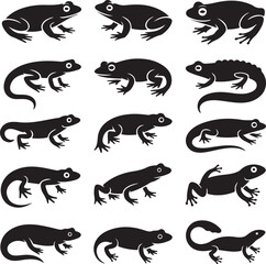 Naklejka premium Collection of black silhouette frogs and lizards on a white background amphibian reptile