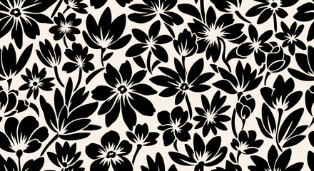 Fototapeta premium Bold Black Floral Pattern with Detailed Petals and Leafy Stems