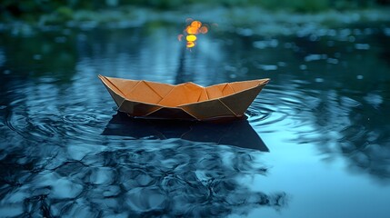 Fototapeta premium A close-up, tranquil photo of a small handmade paper boat floating in a rain puddle, surrounded by autumn leaves and branches