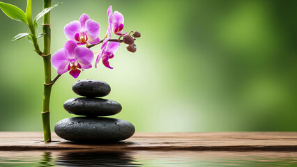 Zen stones and pink orchid with water reflection