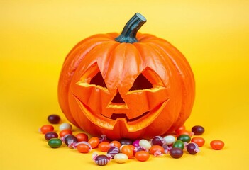 Playful carved orange pumpkin with scattered candies on yellow background , treat, vibrant