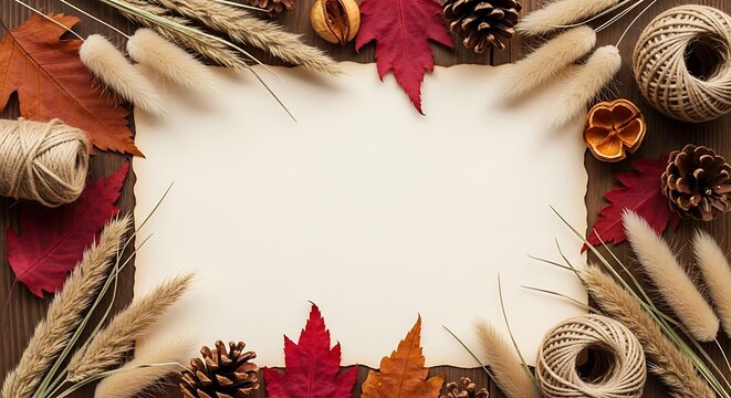 Autumnal Still Life: Parchment Surrounded by Leaves, Pinecones, and Twine on Wood - Powered by Adobe