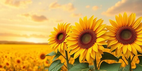Obraz premium Layered paper cut sunflowers, textured petals, warm sky, serene field, vibrant, green
