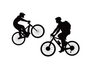 Obraz premium Mountain Hiking Bikers Riding Silhouettes Set vector