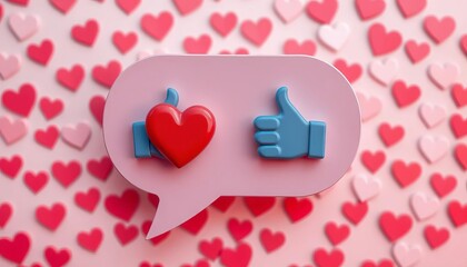 Red and blue heart and thumbs up icons in speech bubble on heart background, web, symbol