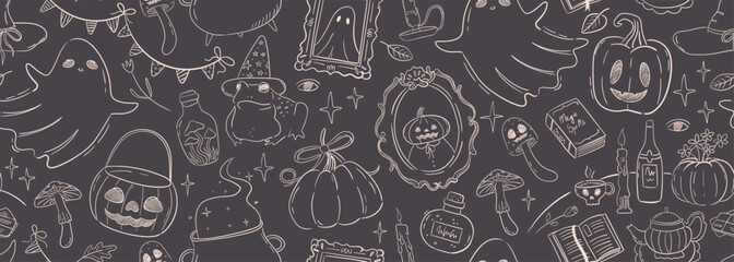 Seamless vector banner with cute whimsical sketch illustrations for halloween party. Hand drawn autumn pattern for coquette wallpaper, wrapping paper, textile. Spooky magic background