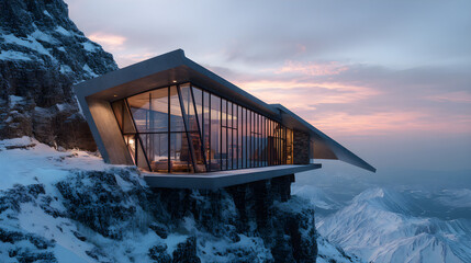 Stunning Modern Mountain Retreat Overlooking Snowy Peaks at Dusk