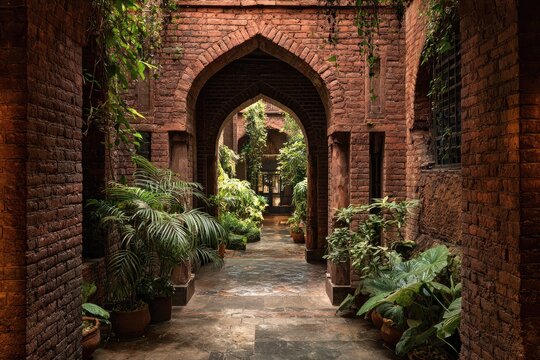 Brick archway walkway. Lush greenery