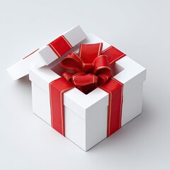 Open white gift box with red ribbon and bow
