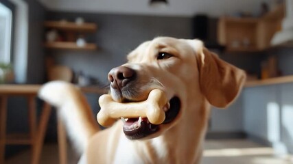 Happy Golden Labrador Dog Enthusiastically Holds Bone Treat in Mouth, Eagerly Looking at Camera in Bright Kitchen