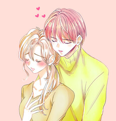 くっつく男性と赤面する女性