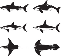 Fototapeta premium Marine life silhouettes featuring sharks orcas swordfish and ray sea creatures ocean animals