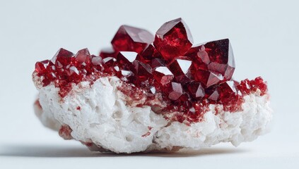 Close-up of cluster of red crystals on a white mineral matrix