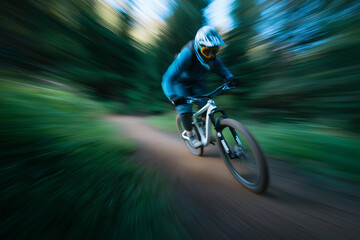 Man Mountain Biking Downhill in Forest