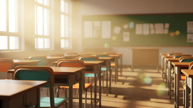 Empty classroom bathed in warm sunlight through windows
