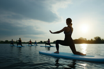 Fitness Class Doing SUP Yoga on Water