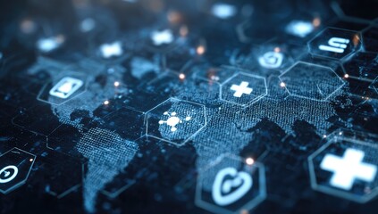 Abstract digital world map overlaid with medical icons.  A network of glowing, hexagonal shapes and medical symbols float on top of a detailed world map, evoking a sense of global health technology